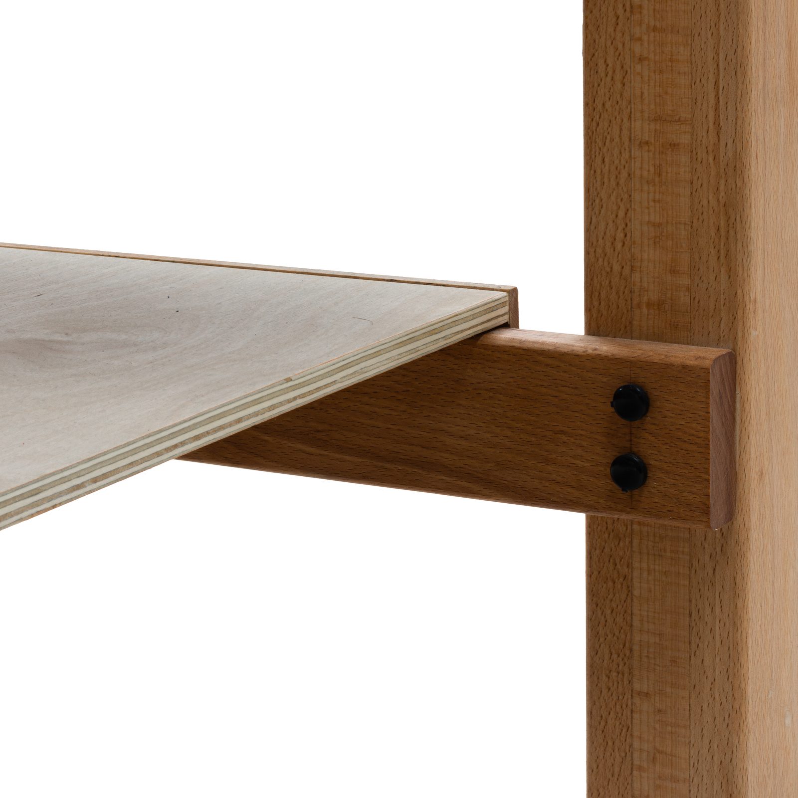 Solid hardwood mortise joinery on the storage shelf
